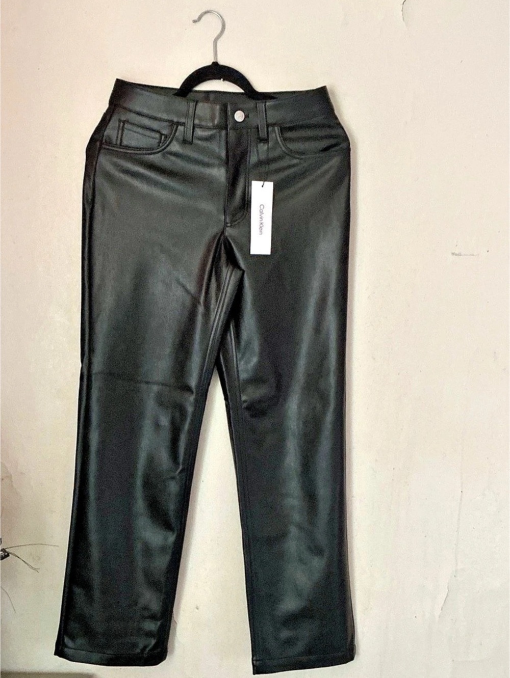 Calvin Klein Faux Leather Straight Leg Pants Black
